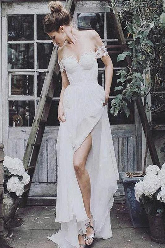Simple Off-the-Shoulder Appliques Beach Wedding Dress with Split