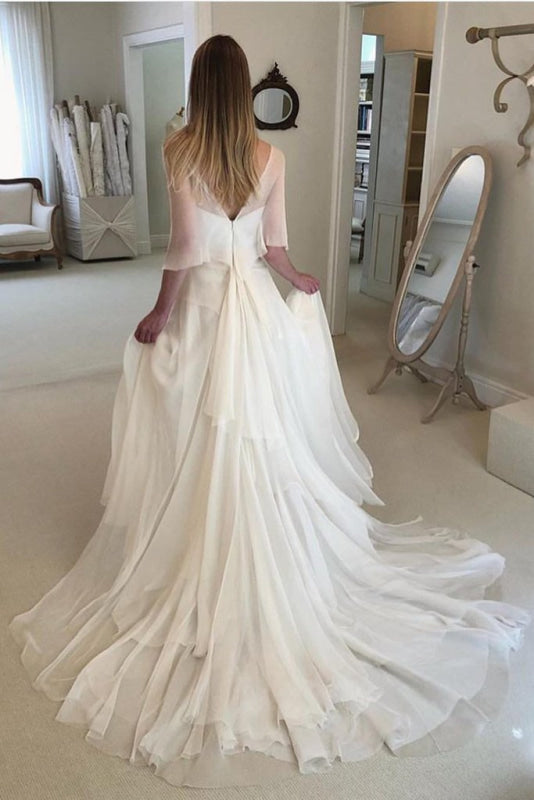 Simple Elegant Chiffon Beach with Wrap Sleeves Unique Wedding Dress