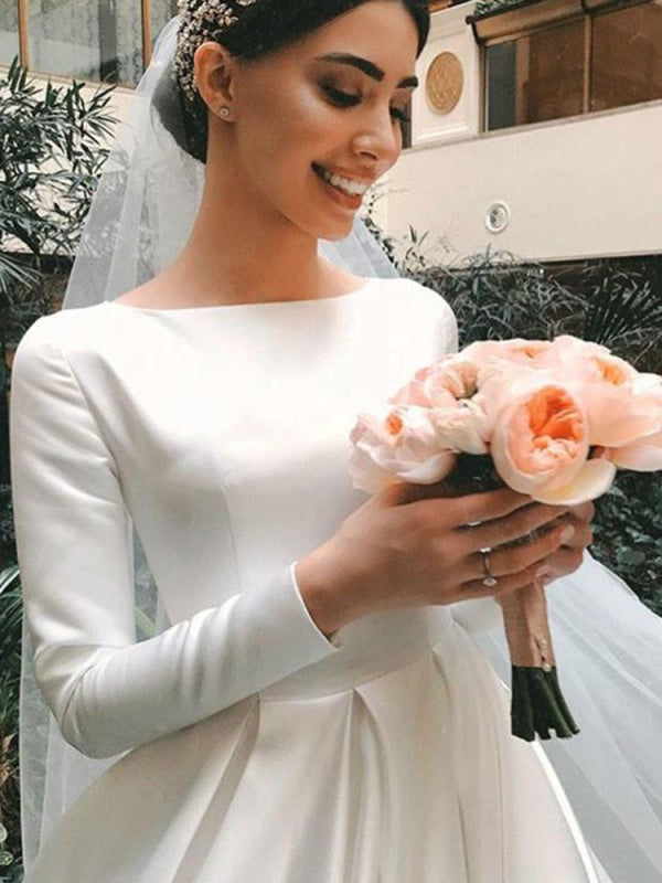 Simple Jewel Long Sleeve A-line Wedding Dresses