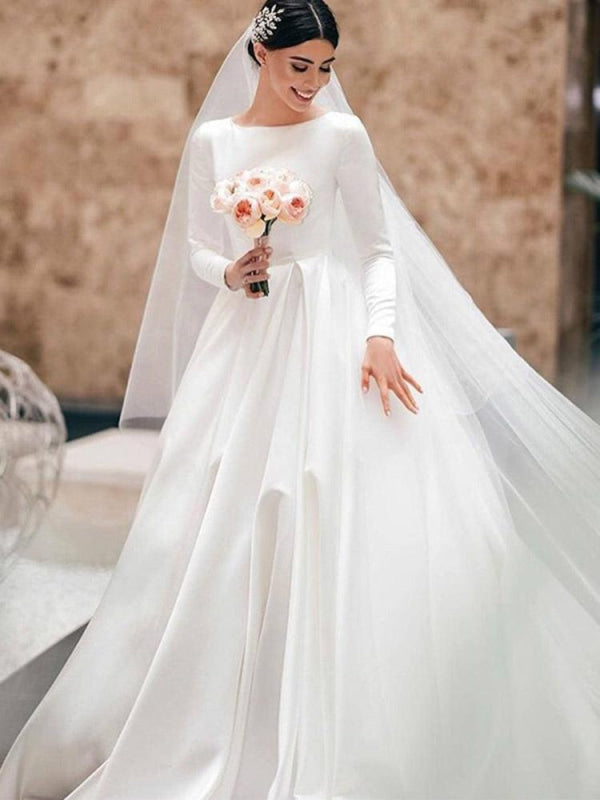Simple Jewel Long Sleeve A-line Wedding Dresses