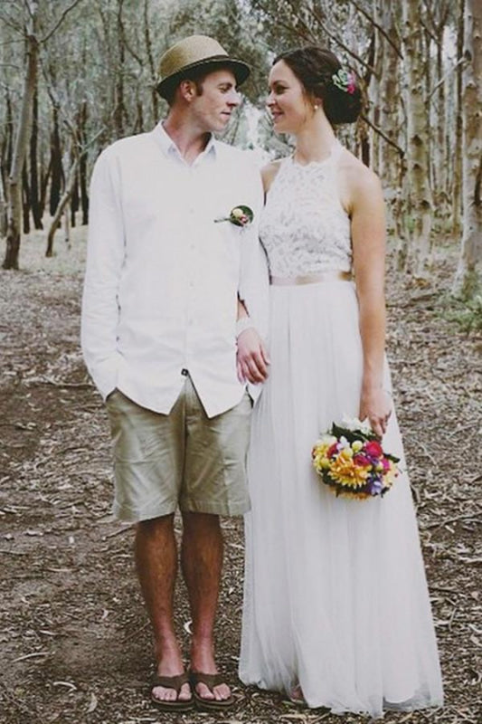 Simple Jewel Sleeveless Gown Lace Top Tulle Beach Wedding Dress