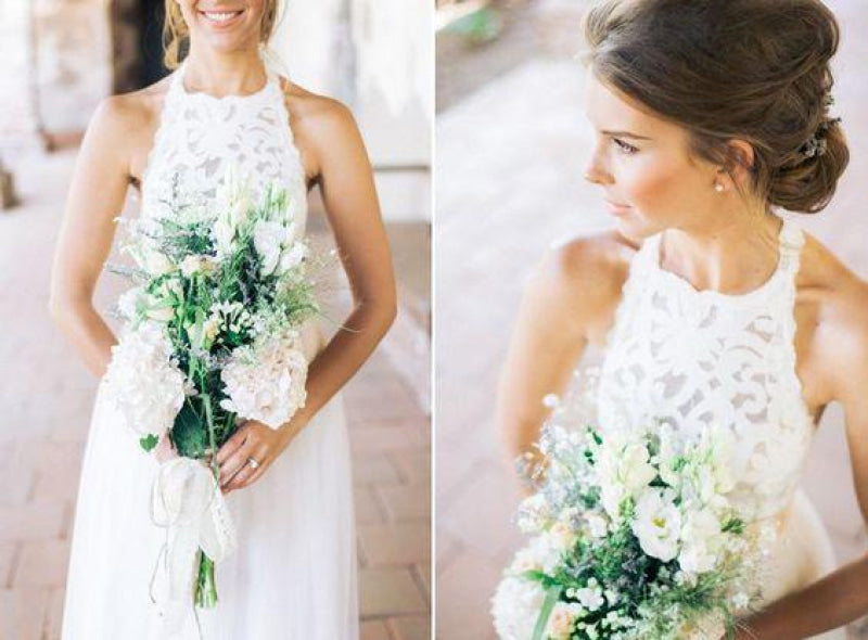 Simple Jewel Sleeveless Gown Lace Top Tulle Beach Wedding Dress