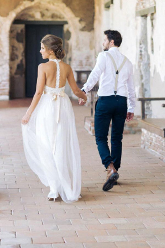 Simple Jewel Sleeveless Gown Lace Top Tulle Beach Wedding Dress