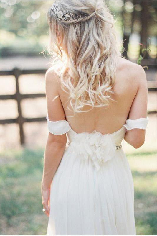 Simple Off the Shoulder Beach Ivory Wedding Dress with Split