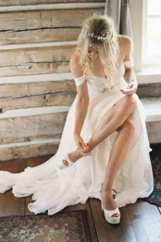 Simple Off the Shoulder Beach Ivory Wedding Dress with Split