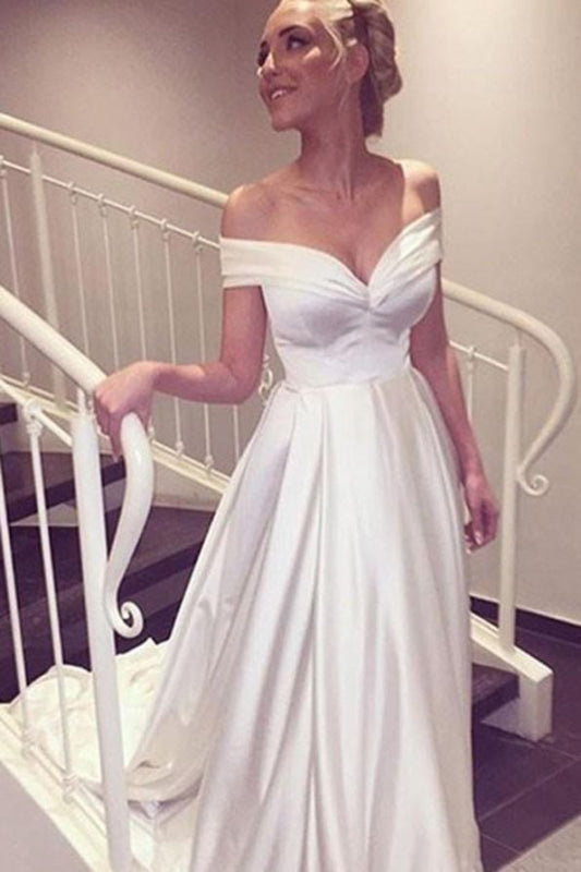 Simple Satin Off-the-shoulder Sexy Sweep Train Beach Wedding Dress