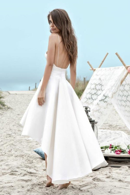 Simple Spaghetti Straps V-neck High Low Short Prom Beach Wedding Dress