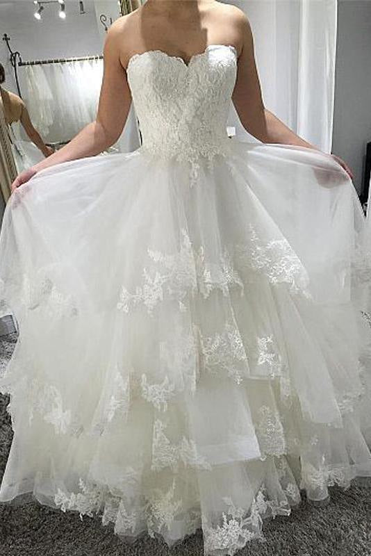 Simple Strapless Beach with Tiered Lace Up Back Wedding Dress