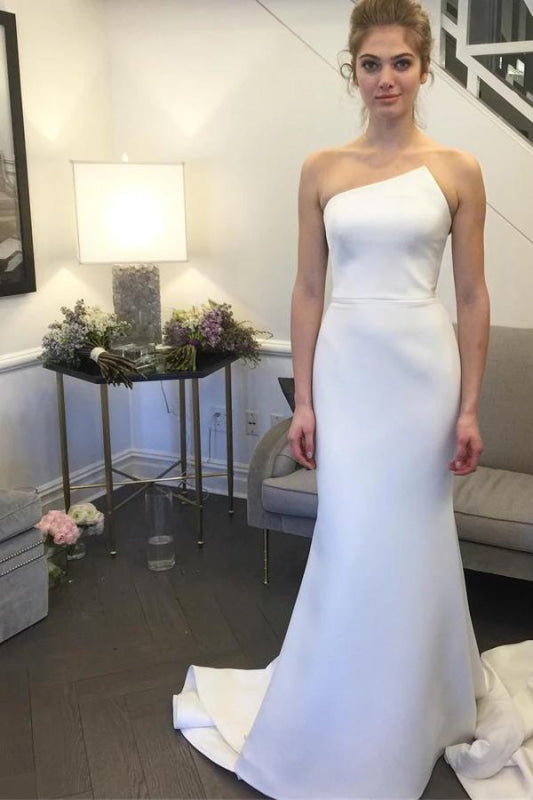 Simple Strapless Mermaid Long Elegant Ivory Sweep Train Wedding Dress