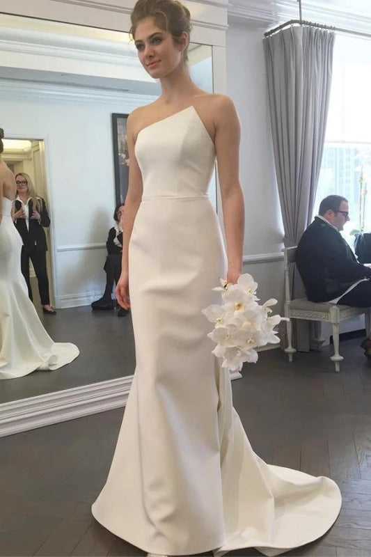 Simple Strapless Mermaid Long Elegant Ivory Sweep Train Wedding Dress