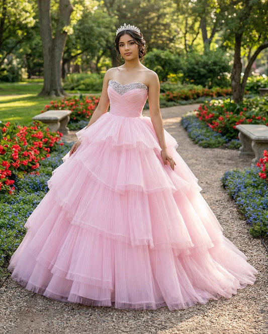 Quinceanera Dress Tiered Ball Gown Long Evening Dresses with Diamonds