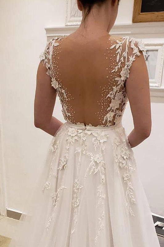 Simple Tulle Lace Illusion Back A-Line A Line V Neck Wedding Dress