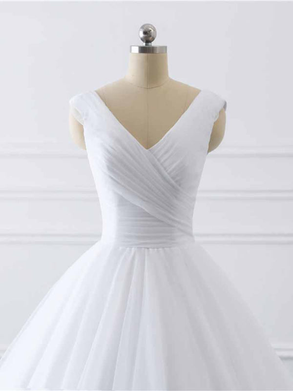 Simple V-Neck Lace-Up Ruffles Ball Gown Wedding Dresses