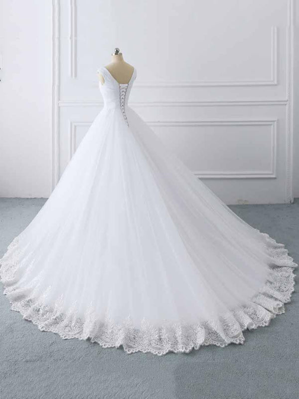 Simple V-Neck Lace-Up Ruffles Ball Gown Wedding Dresses