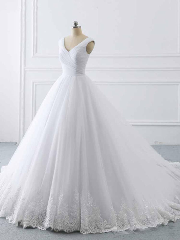 Simple V-Neck Lace-Up Ruffles Ball Gown Wedding Dresses