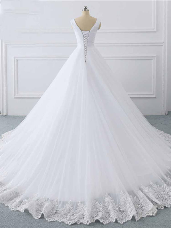 Simple V-Neck Lace-Up Ruffles Ball Gown Wedding Dresses