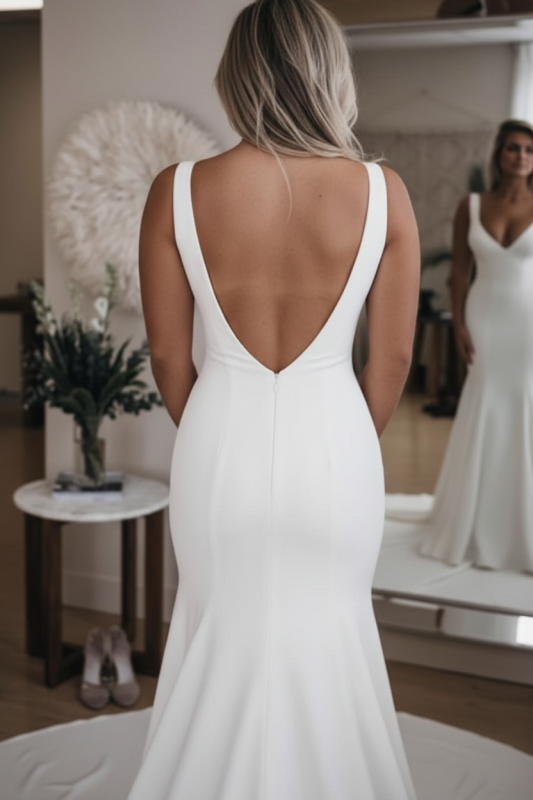 Simple V-Neck Mermaid Wedding Dress with Long Train Backless Beach Bridal Gown