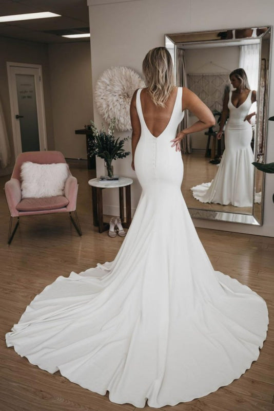 Simple V-Neck Mermaid Wedding Dress with Long Train Backless Beach Bridal Gown