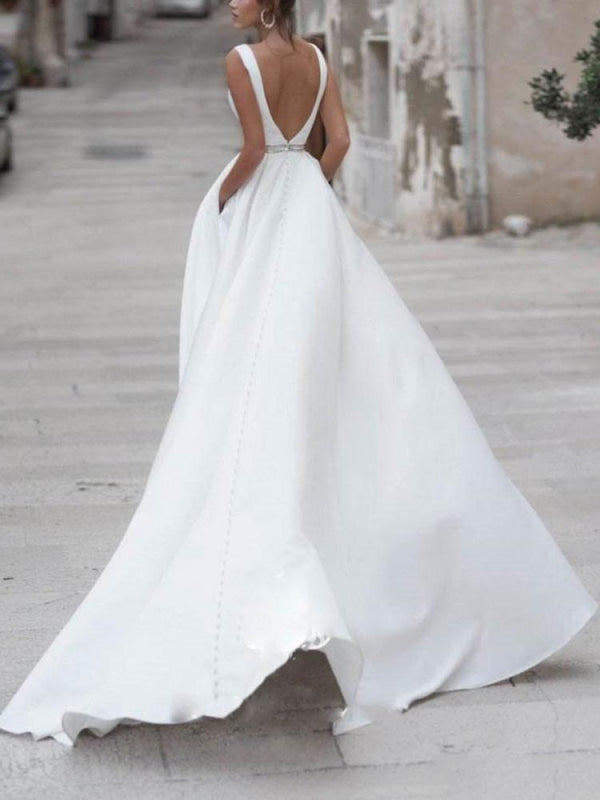 Simple Wedding Dress A Line V Neck Sleeveless Sash Floor Length Bridal Dresses With Train