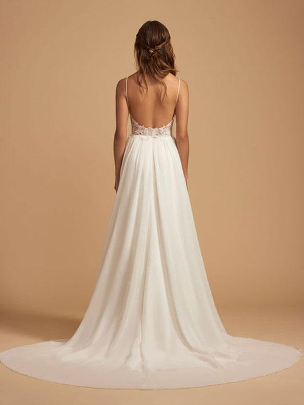 Simple Wedding Dress A Line V Neck Straps Sleeveless Lace Chiffon Bridal Dresses With Train For Beach Party