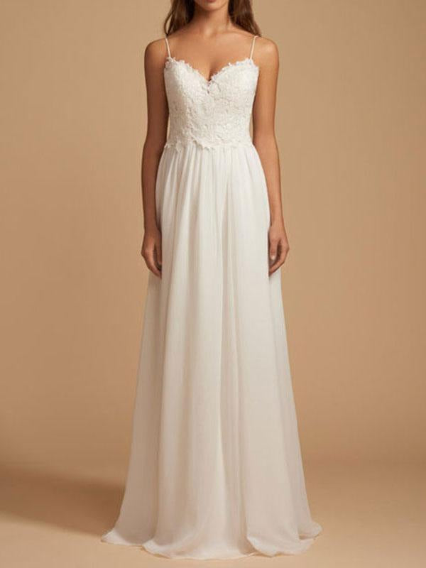Simple Wedding Dress A Line V Neck Straps Sleeveless Lace Chiffon Bridal Dresses With Train For Beach Party