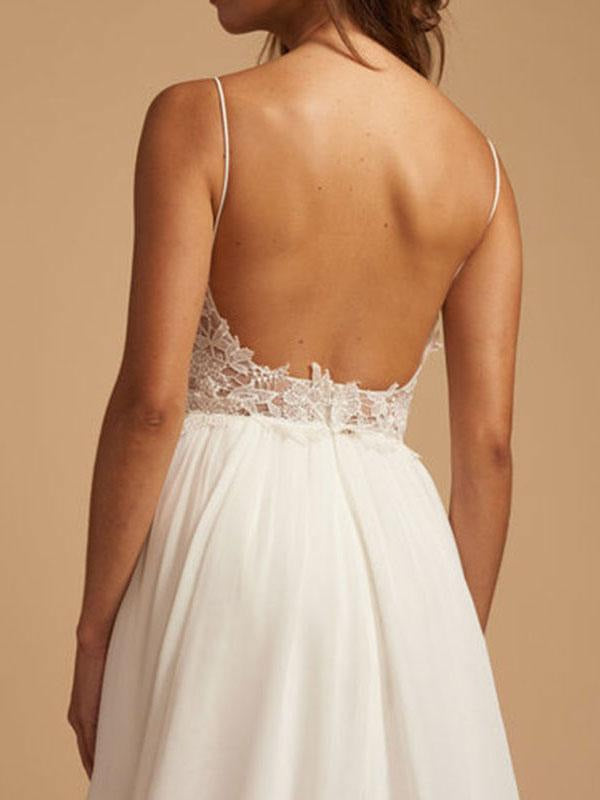 Simple Wedding Dress A Line V Neck Straps Sleeveless Lace Chiffon Bridal Dresses With Train For Beach Party