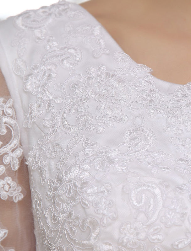 Simple Wedding Dresses Short Lace Applique Illusion Half Sleeve Tea Length Bridal Dress Exclusive