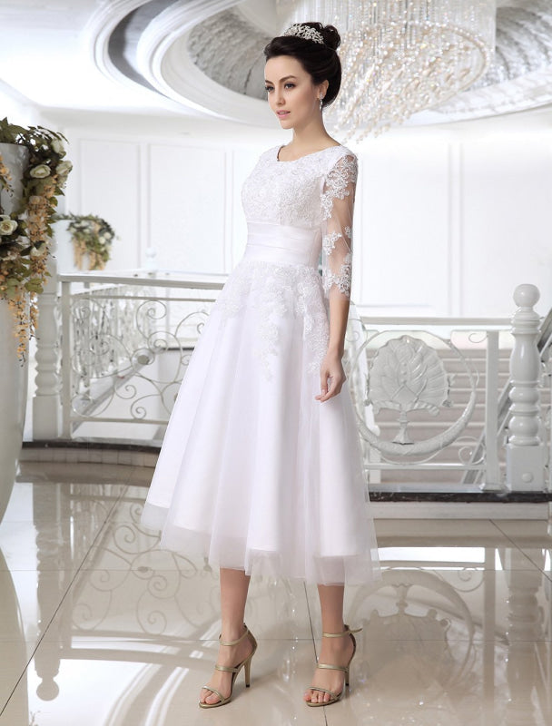 Simple Wedding Dresses Short Lace Applique Illusion Half Sleeve Tea Length Bridal Dress Exclusive