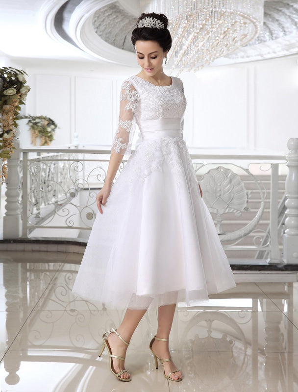 Simple Wedding Dresses Short Lace Applique Illusion Half Sleeve Tea Length Bridal Dress Exclusive