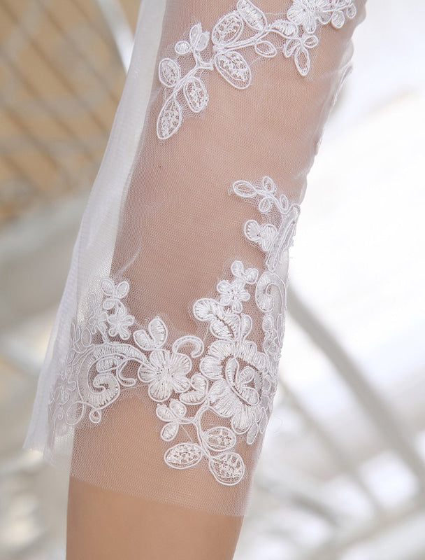 Simple Wedding Dresses Short Lace Applique Illusion Half Sleeve Tea Length Bridal Dress Exclusive