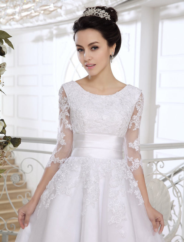 Simple Wedding Dresses Short Lace Applique Illusion Half Sleeve Tea Length Bridal Dress Exclusive