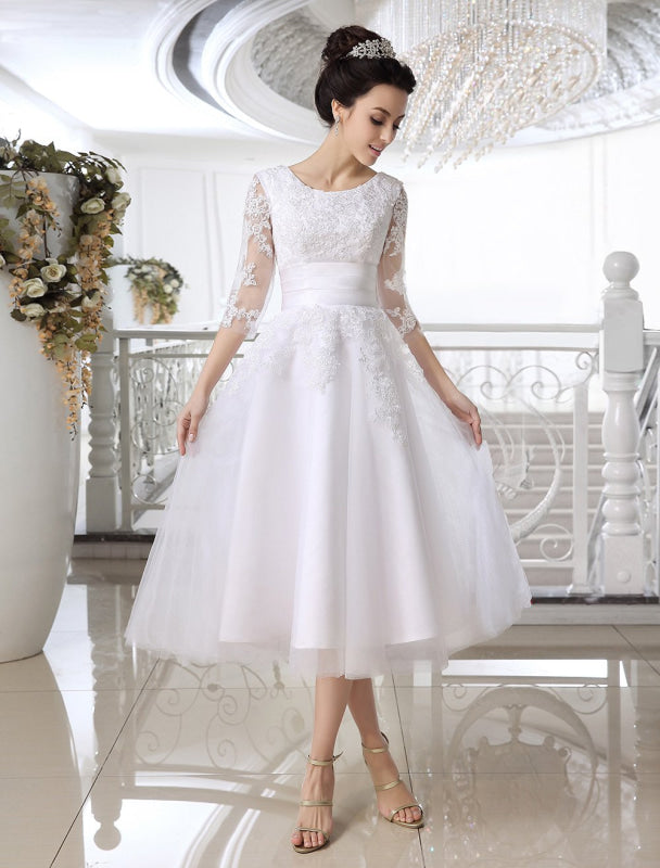 Simple Wedding Dresses Short Lace Applique Illusion Half Sleeve Tea Length Bridal Dress Exclusive