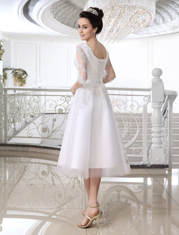 Simple Wedding Dresses Short Lace Applique Illusion Half Sleeve Tea Length Bridal Dress Exclusive