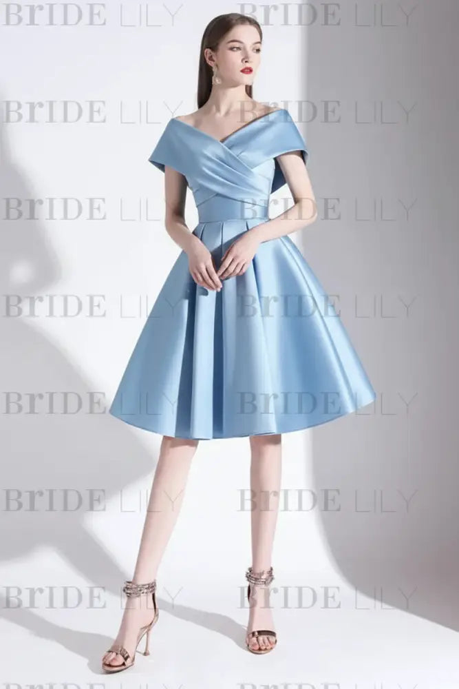 Off-the-Shoulder Knee-Length Evening Dress A-Line V-Neck Pleated Satin Cocktail Dress Little Black Dress