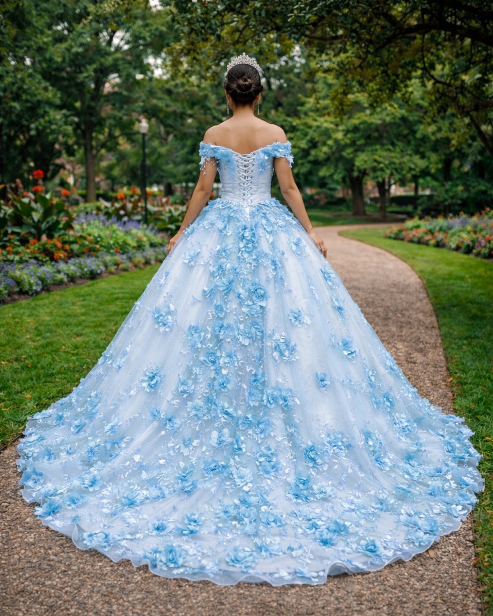Sky Blue Lace Dress Off The Shoulder 3D Flowers Quinceanera Dresses