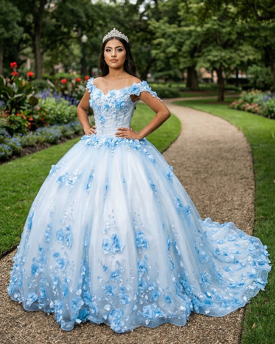 Sky Blue Lace Dress Off The Shoulder 3D Flowers Quinceanera Dresses