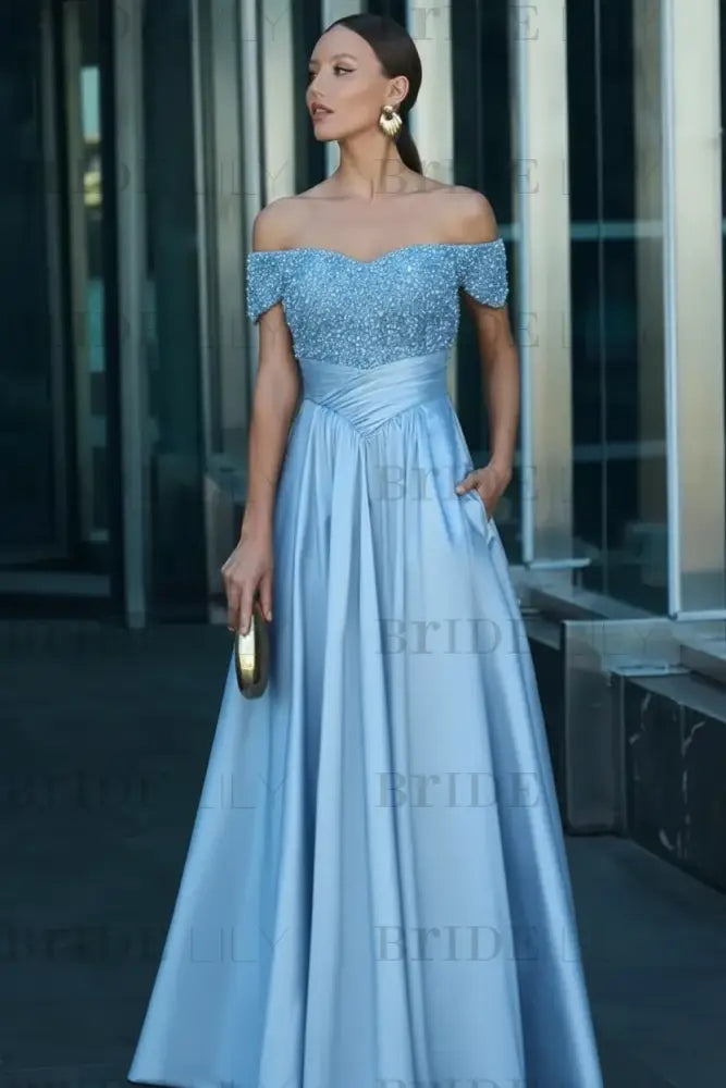 Off-the-Shoulder Dark Green Satin Aline Formal Dress with Beadings
