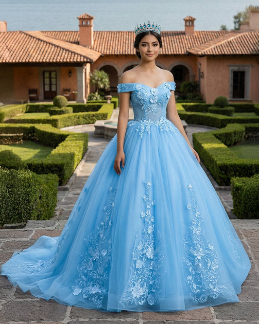 Sky Blue Tulle 3D Flowers Quinceanera Dresses With Train
