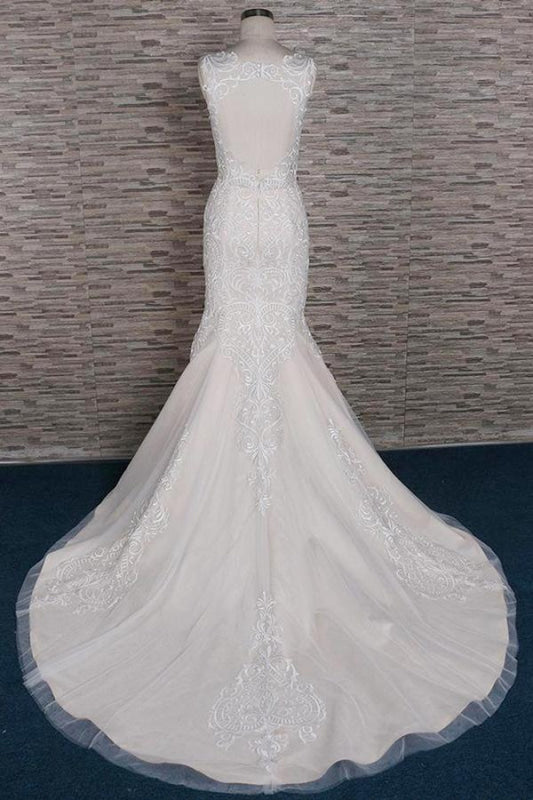 Sleek Square Neck Appliques Mermaid Wedding Dress