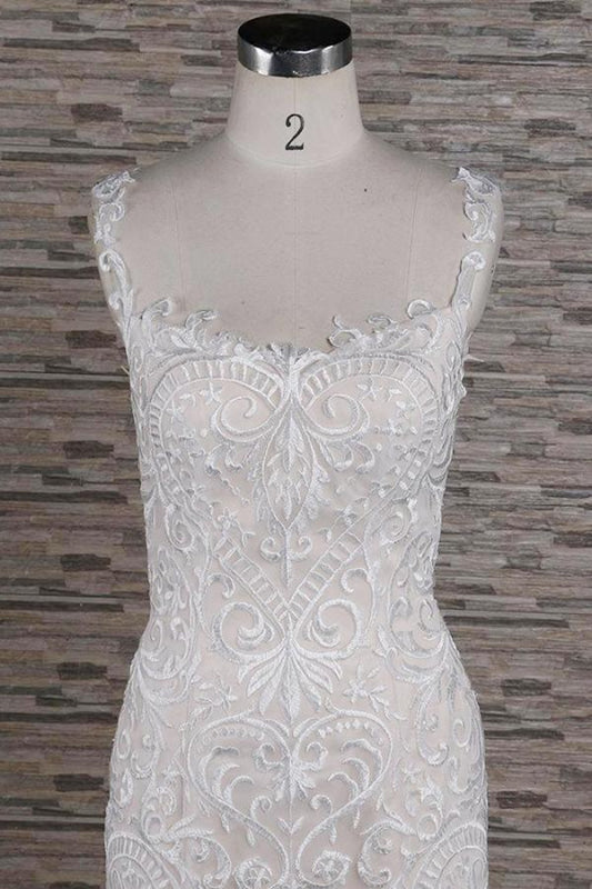 Sleek Square Neck Appliques Mermaid Wedding Dress