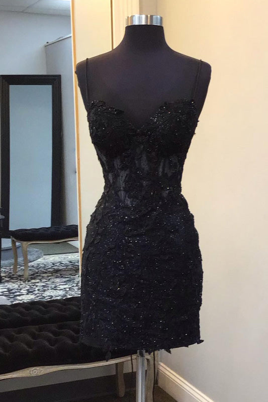 Sleeveless Black Lace Homecoming Dress Spaghetti Straps
