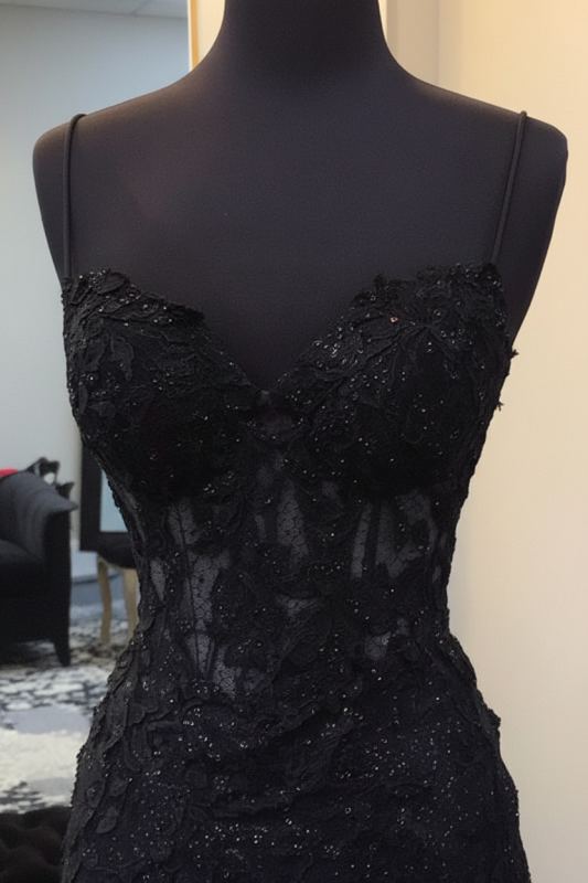 Sleeveless Black Lace Homecoming Dress Spaghetti Straps