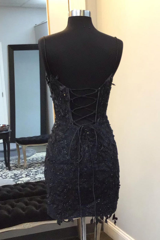 Sleeveless Black Lace Homecoming Dress Spaghetti Straps