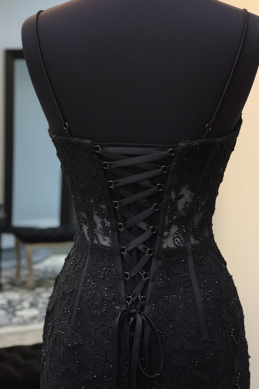 Sleeveless Black Lace Homecoming Dress Spaghetti Straps