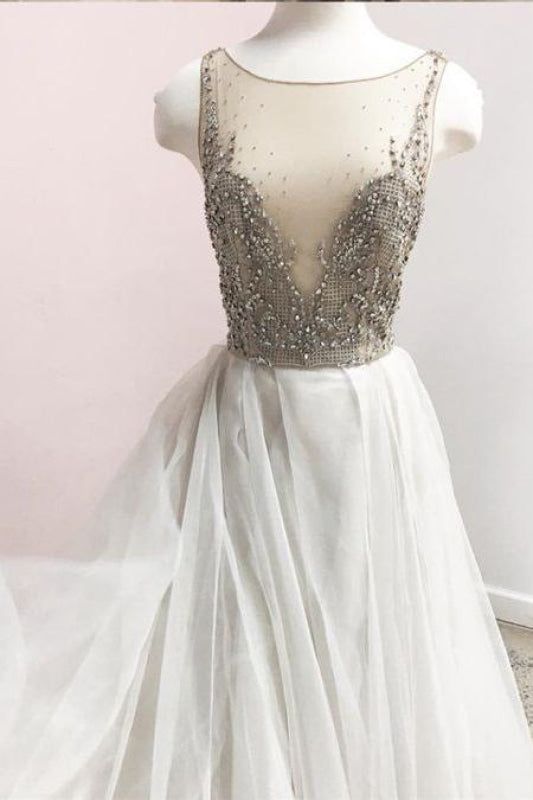 Sleeveless Long Prom with Beads A Line Tulle Wedding Dress