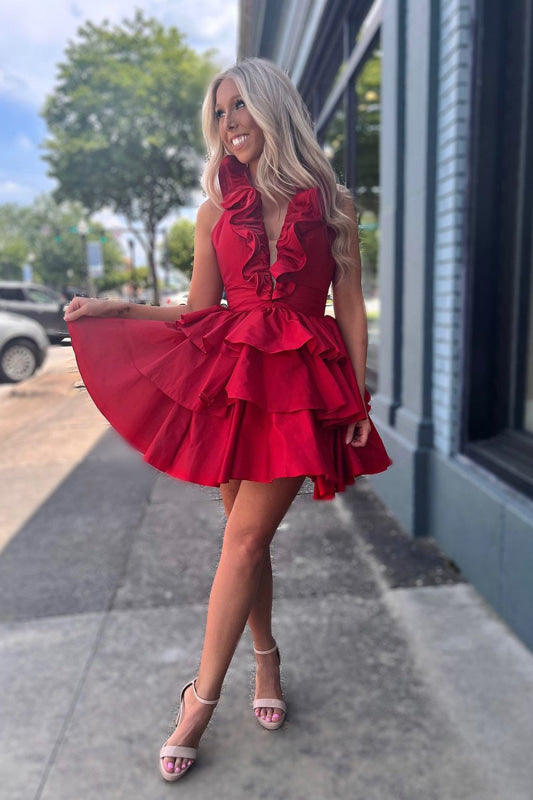 Sleeveless V-Neck Red A Line Homecoming Dress With Ruffles