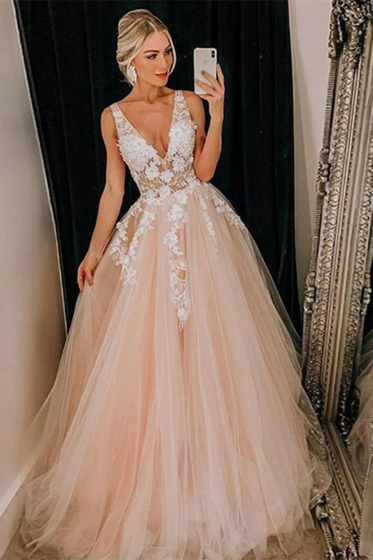 Sleeveless V-Neck Tulle Aline Evening Dress Lace Appliques