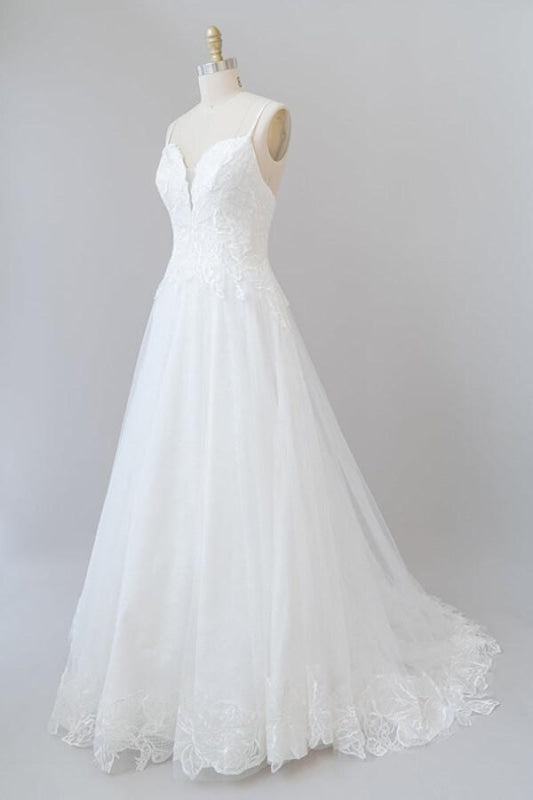Spaghetti Strap Applique Tulle A-line Wedding Dress