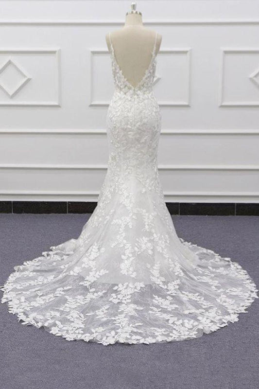 Spaghetti Strap Lace Mermaid Wedding Dress with Appliqués