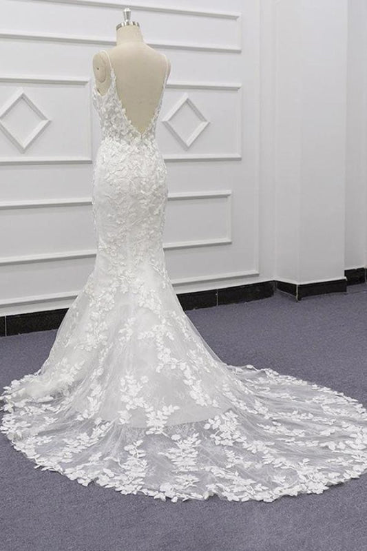 Spaghetti Strap Lace Mermaid Wedding Dress with Appliqués